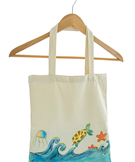 Beige Tote Bag with Beach Theme Hand Paintings