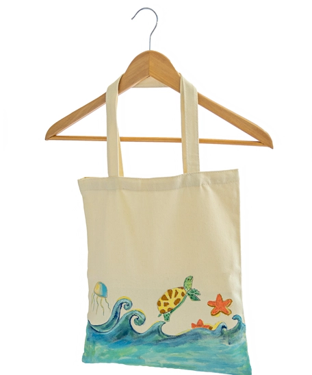 Beige Tote Bag with Beach Theme Hand Paintings