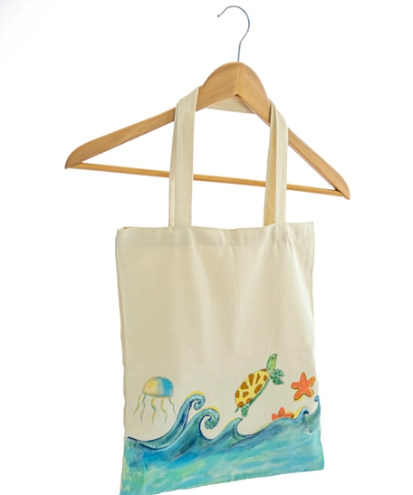 Beige Tote Bag with Beach Theme Hand Paintings