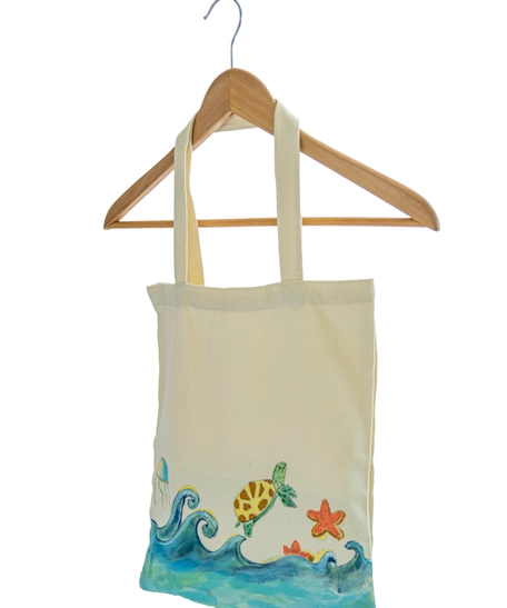 Beige Tote Bag with Beach Theme Hand Paintings