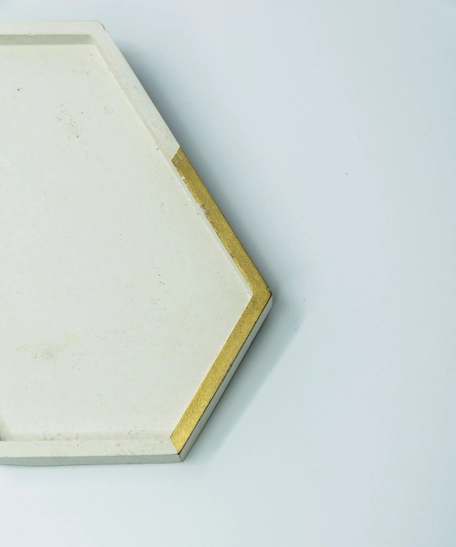 Large Hexagon Beige Cement Coaster with Golden Detail