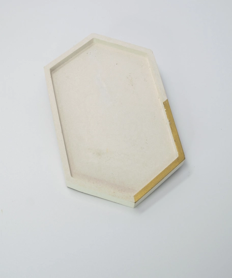 Large Hexagon Beige Cement Coaster with Golden Detail