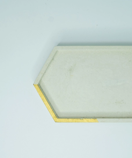 Large Hexagon Beige Cement Coaster with Golden Detail