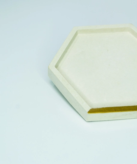  Small Hexagon Beige Cement Coaster with Golden Detail