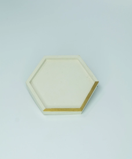  Small Hexagon Beige Cement Coaster with Golden Detail