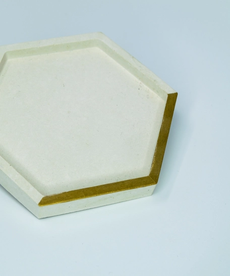  Small Hexagon Beige Cement Coaster with Golden Detail