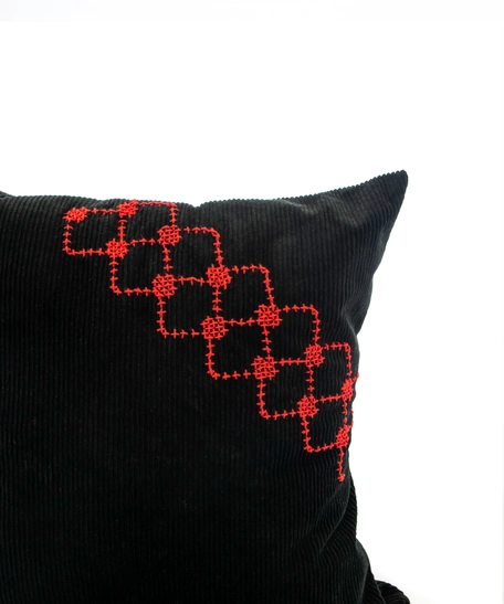 Black Corduroy Throw Pillow with Red Embroidery Patterns