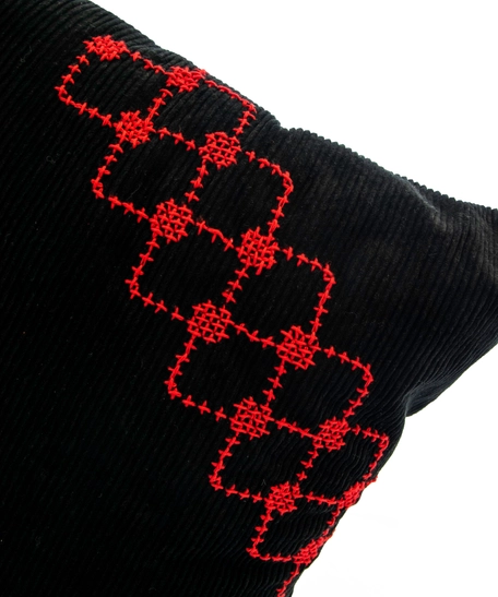 Black Corduroy Throw Pillow with Red Embroidery Patterns