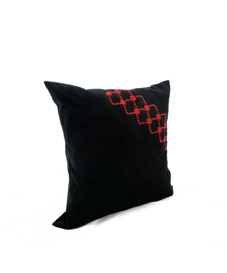 Black Corduroy Throw Pillow with Red Embroidery Patterns