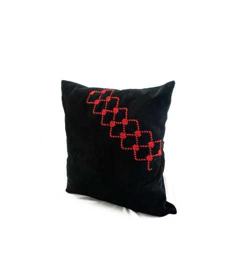 Black Corduroy Throw Pillow with Red Embroidery Patterns