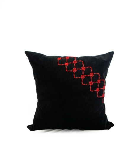 Black Corduroy Throw Pillow with Red Embroidery Patterns