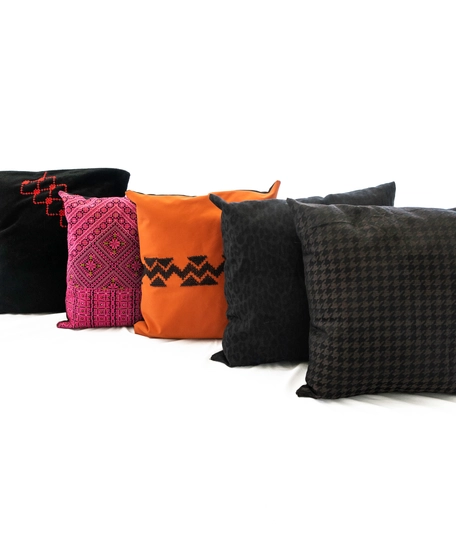 Square Orange Cushion with Black Embroidery Patterns