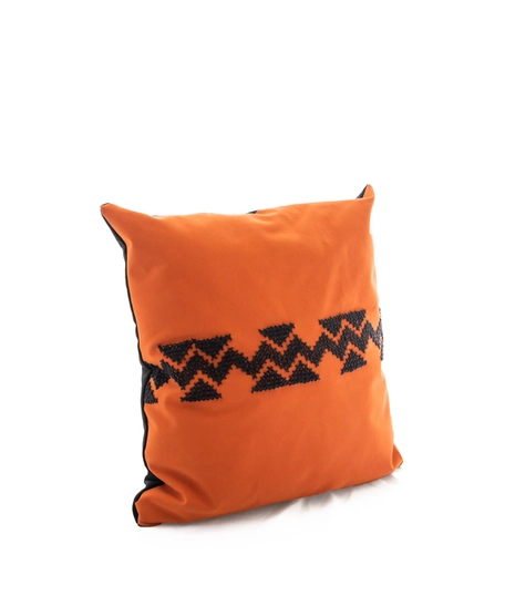 Square Orange Cushion with Black Embroidery Patterns