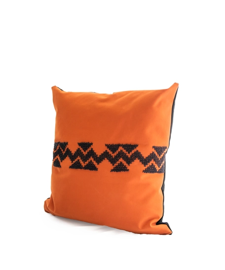 Square Orange Cushion with Black Embroidery Patterns