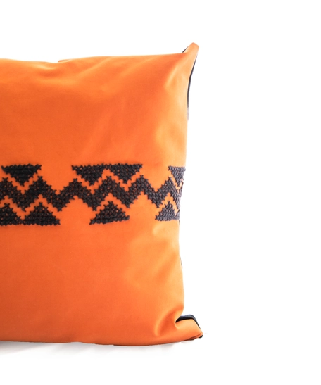 Square Orange Cushion with Black Embroidery Patterns