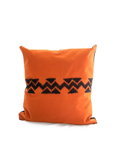 Square Orange Cushion with Black Embroidery Patterns