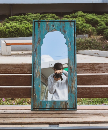 Rectangular Wall Mirror with Blue Painted Wooden Frame