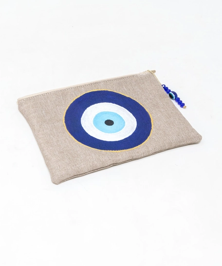 حقيبة يد قماش لون بيج برسومات يدوية لعين زرقاء