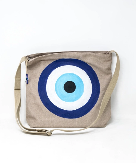Beige Canvas Crossbody with Hand Paintings of a Blue Eye