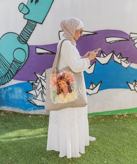 Large Beige Tote Bag with Hand-Painted Girl Portrait - Multiple Designs - Design 1