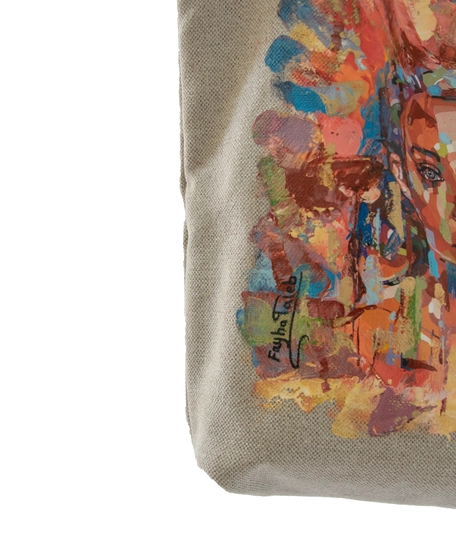 Large Beige Tote Bag with Hand-Painted Girl Portrait - Multiple Designs - Design 1