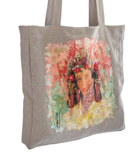 Large Beige Tote Bag with Hand-Painted Girl Portrait - Multiple Designs - Design 1