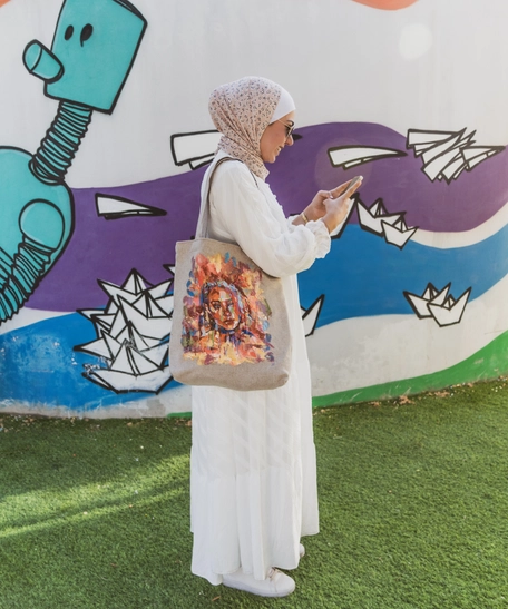 Large Beige Tote Bag with Hand-Painted Girl Portrait - Multiple Designs - Design 1