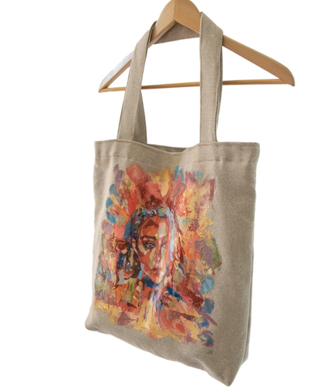 Large Beige Tote Bag with Hand-Painted Girl Portrait - Multiple Designs - Design 1