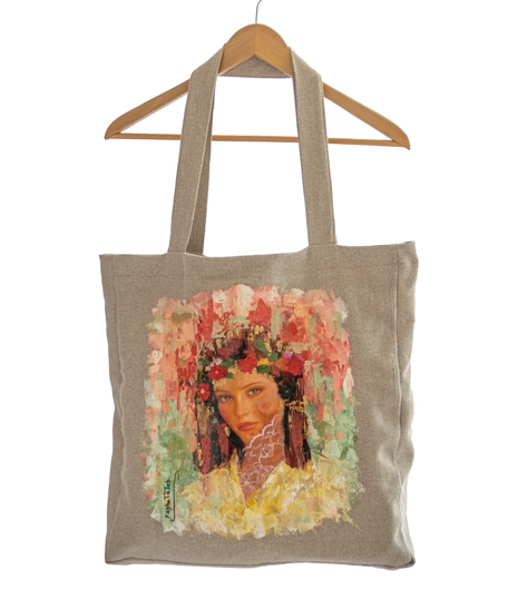 Large Beige Tote Bag with Hand-Painted Girl Portrait - Multiple Designs - Design 1