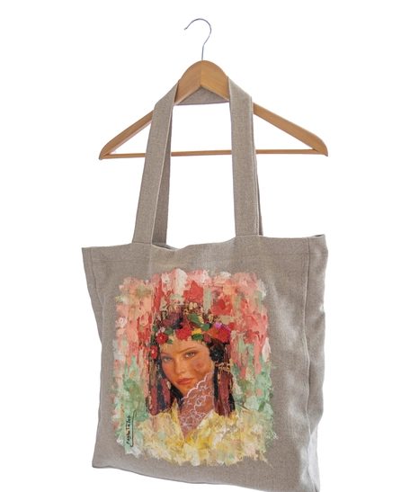 Large Beige Tote Bag with Hand-Painted Girl Portrait - Multiple Designs - Design 1