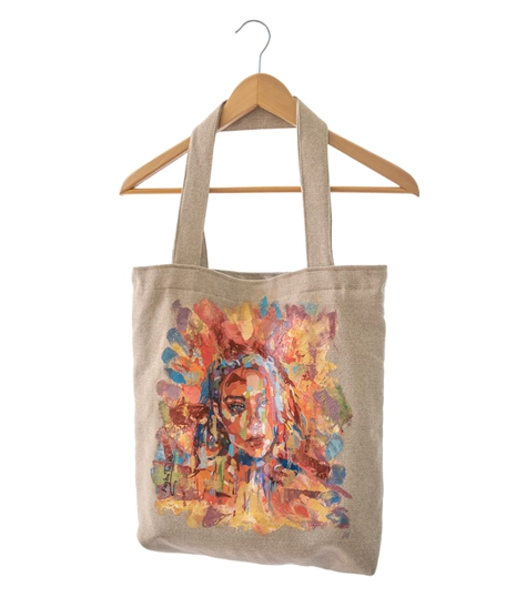 Large Beige Tote Bag with Hand-Painted Girl Portrait - Multiple Designs - Design 1