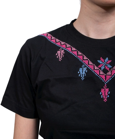 Black T-Shirt with Colorful Hand Embroidery Patterns Around the Collar - S