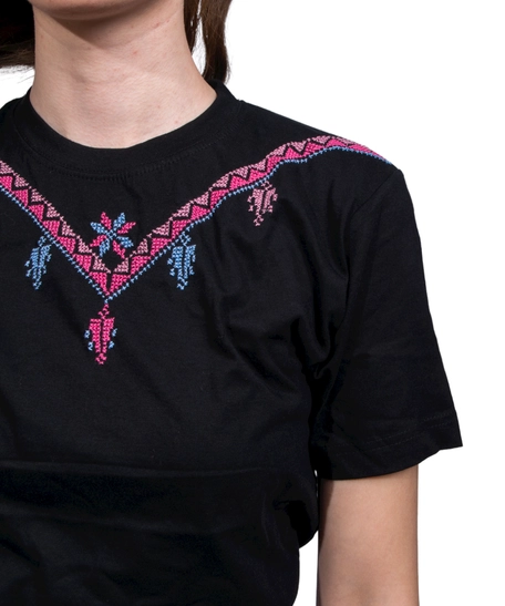 Black T-Shirt with Colorful Hand Embroidery Patterns Around the Collar - S