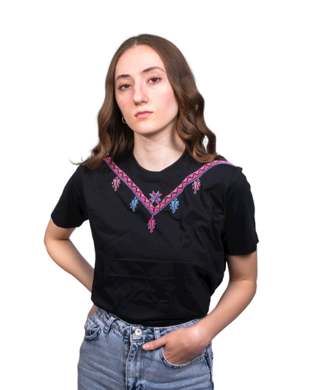 Black T-Shirt with Colorful Hand Embroidery Patterns Around the Collar - S