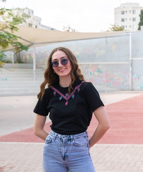 Black T-Shirt with Colorful Hand Embroidery Patterns Around the Collar - S