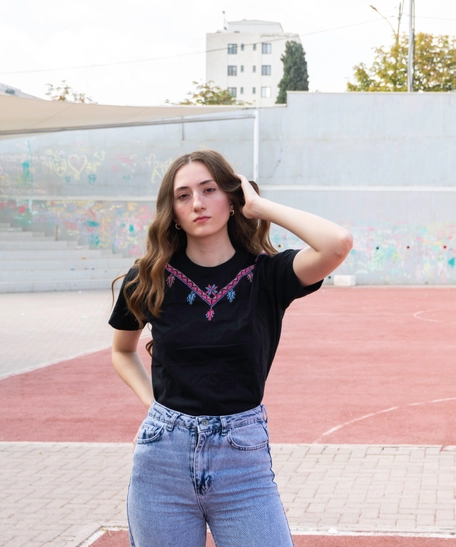 Black T-Shirt with Colorful Hand Embroidery Patterns Around the Collar - S