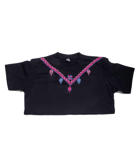 Black T-Shirt with Colorful Hand Embroidery Patterns Around the Collar - S