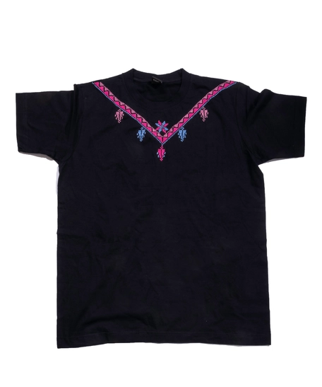 Black T-Shirt with Colorful Hand Embroidery Patterns Around the Collar - S