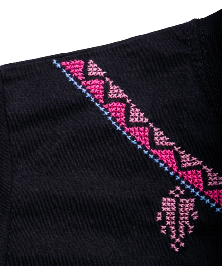 Black T-Shirt with Colorful Hand Embroidery Patterns Around the Collar - S