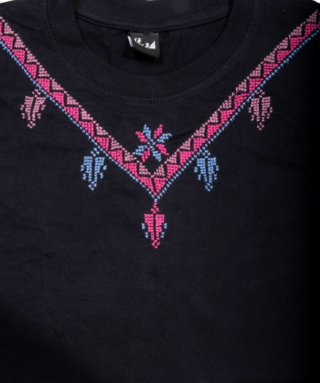 Black T-Shirt with Colorful Hand Embroidery Patterns Around the Collar - S