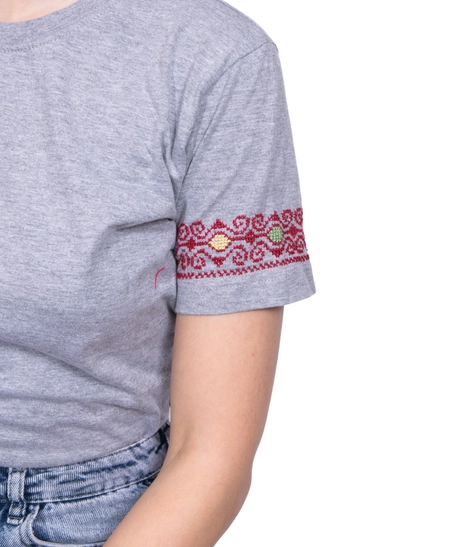 Gray T-Shirt with Floral Hand Embroidery Patterns on the Sleeves - S