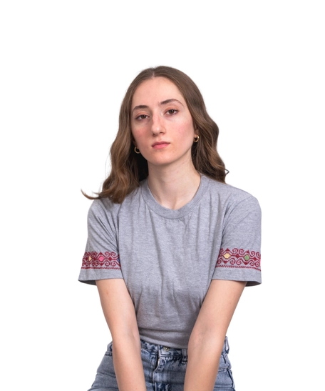 Gray T-Shirt with Floral Hand Embroidery Patterns on the Sleeves - S