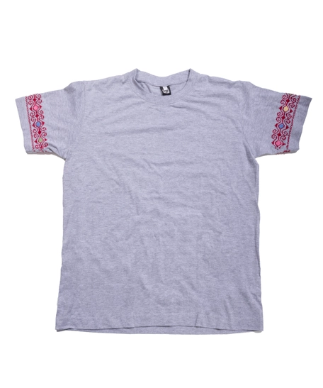 Gray T-Shirt with Floral Hand Embroidery Patterns on the Sleeves - S