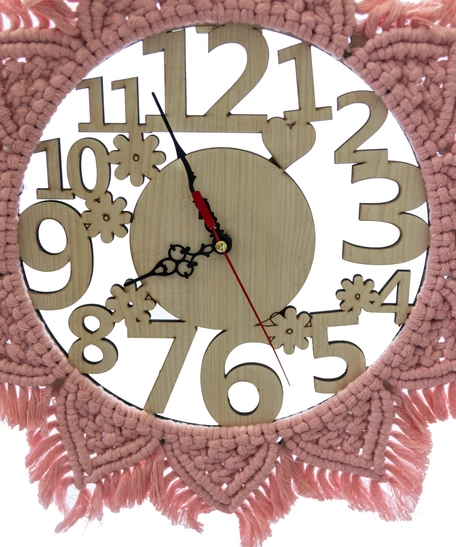 Wooden Wall Clock with Pink Sunflower Crochet Frame