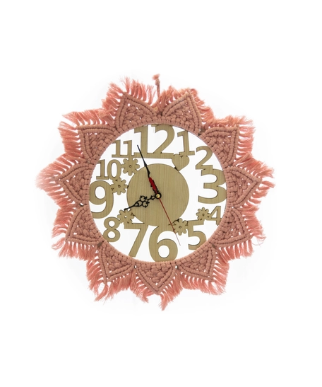 Wooden Wall Clock with Pink Sunflower Crochet Frame