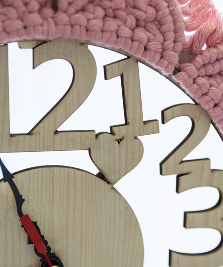 Wooden Wall Clock with Pink Sunflower Crochet Frame