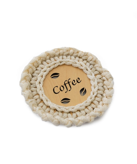 "Coffee" Light Wood Coaster with Crochet Frame - Multiple Colors - Dark Pink