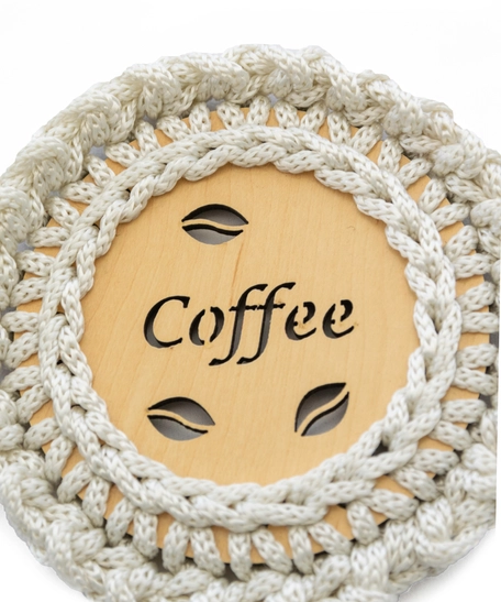 "Coffee" Light Wood Coaster with Crochet Frame - Multiple Colors - Dark Pink