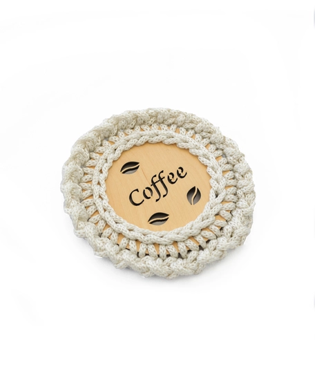 "Coffee" Light Wood Coaster with Crochet Frame - Multiple Colors - Dark Pink