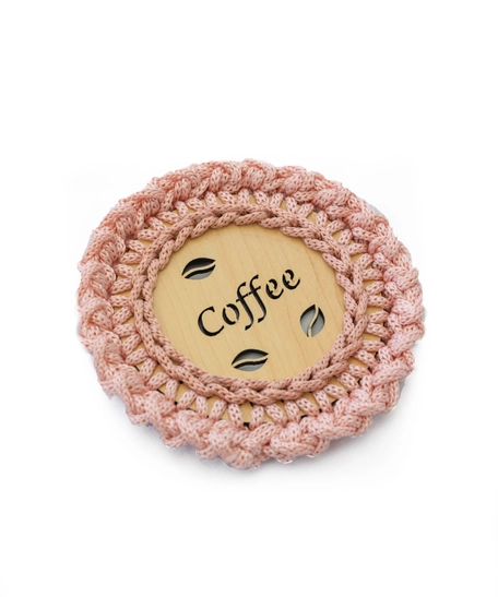 "Coffee" Light Wood Coaster with Crochet Frame - Multiple Colors - Dark Pink